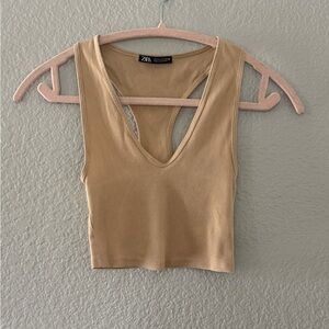 Zara Beige Ribbed V-Neck Crop Top